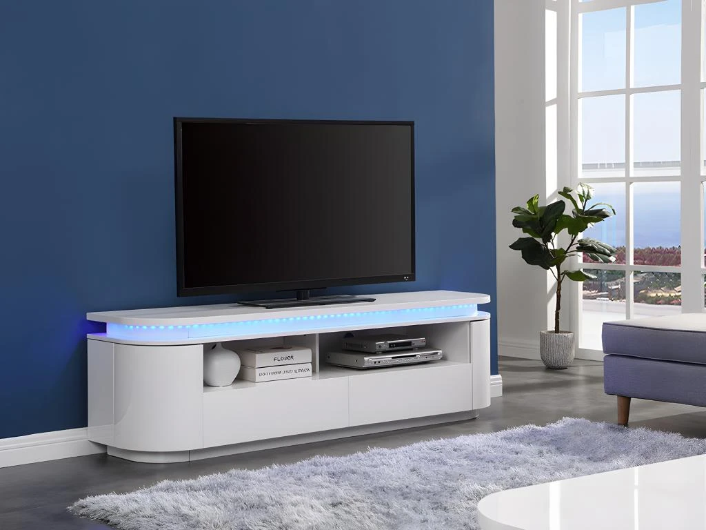 Meuble TV 2 Portes Et 2 Tiroirs Avec LEDs - MDF - Blanc Laqué - VANDANA 1 Meuble TV 2 Portes Et 2 Tiroirs Avec LEDs - MDF - Blanc Laqué - VANDANA