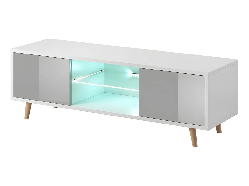 Meuble TV Design PARIS-HIT 140 Cm, 2 Portes Et 2 Niches, Coloris Blanc Et Gris + LED 1 Meuble TV Design PARIS-HIT 140 Cm, 2 Portes Et 2 Niches, Coloris Blanc Et Gris + LED