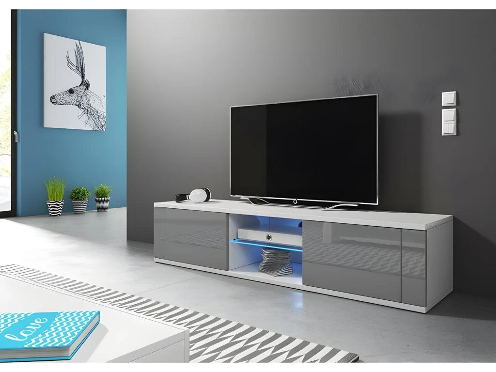 Meuble TV Design PARIS-HIT 140 Cm, 2 Portes Et 2 Niches, Coloris Blanc Et Gris + LED 2 Meuble TV Design PARIS-HIT 140 Cm, 2 Portes Et 2 Niches, Coloris Blanc Et Gris + LED – Image 2