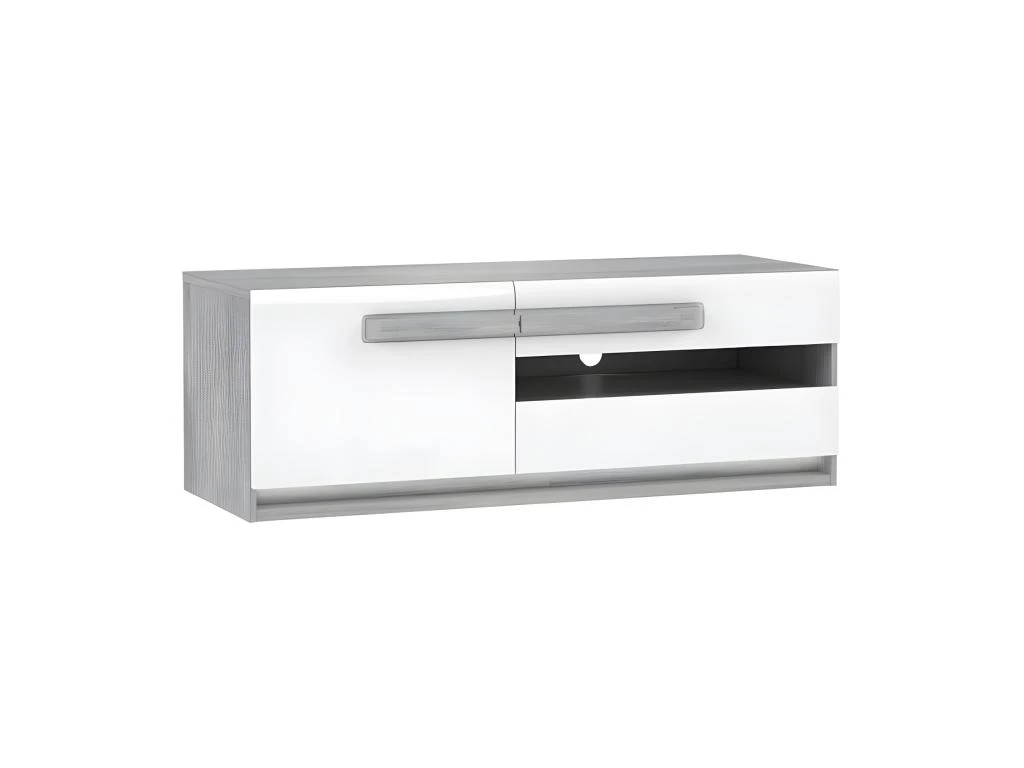 Meuble TV Blanc Et Décor Bois Gris 1 Placard Et 2 Tiroirs - ALEXIANE 1 Meuble TV Blanc Et Décor Bois Gris 1 Placard Et 2 Tiroirs - ALEXIANE