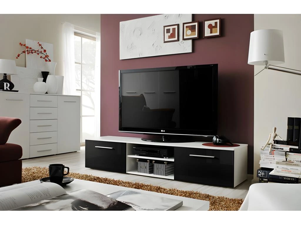 Meuble TV Design Collection BONOO 180 Cm. Coloris Blanc Et Noir. 1 Meuble TV Design Collection BONOO 180 Cm. Coloris Blanc Et Noir.