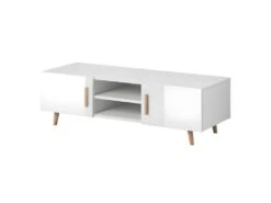 Meuble TV Design EDEN II 140 Cm, 2 Portes Et 2 Niches, Coloris Blanc. Type Scandinave.