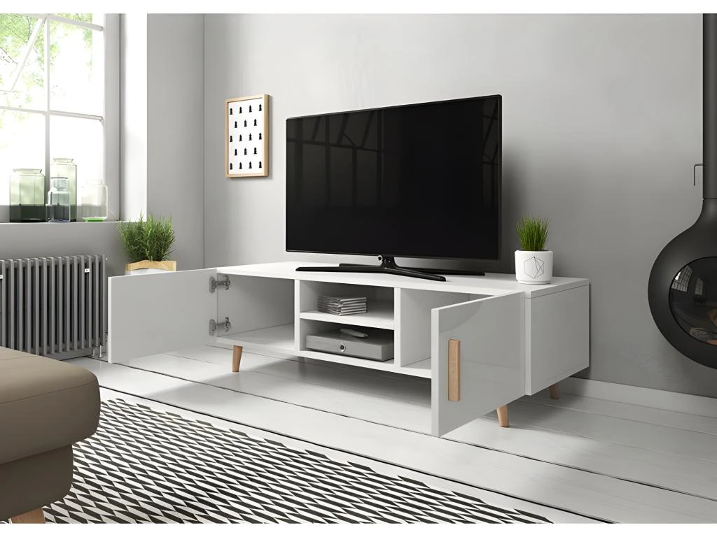 Meuble TV Design EDEN II 140 Cm, 2 Portes Et 2 Niches, Coloris Blanc. Type Scandinave. 3 Meuble TV Design EDEN II 140 Cm, 2 Portes Et 2 Niches, Coloris Blanc. Type Scandinave. – Image 3