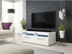 Meuble TV Design BONNIE 100 Cm, 2 Portes Et 2 Niches, Coloris Blanc + LED.