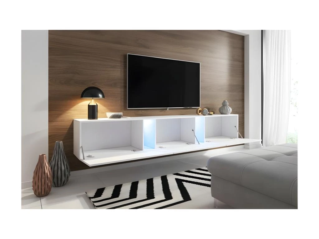 Meuble TV Design SPEED, 240 Cm, 1 Porte Et 3 Espaces De Rangement, Coloris Blanc Et Gris Avec LED Intégrée. 3 Meuble TV Design SPEED, 240 Cm, 1 Porte Et 3 Espaces De Rangement, Coloris Blanc Et Gris Avec LED Intégrée. – Image 3