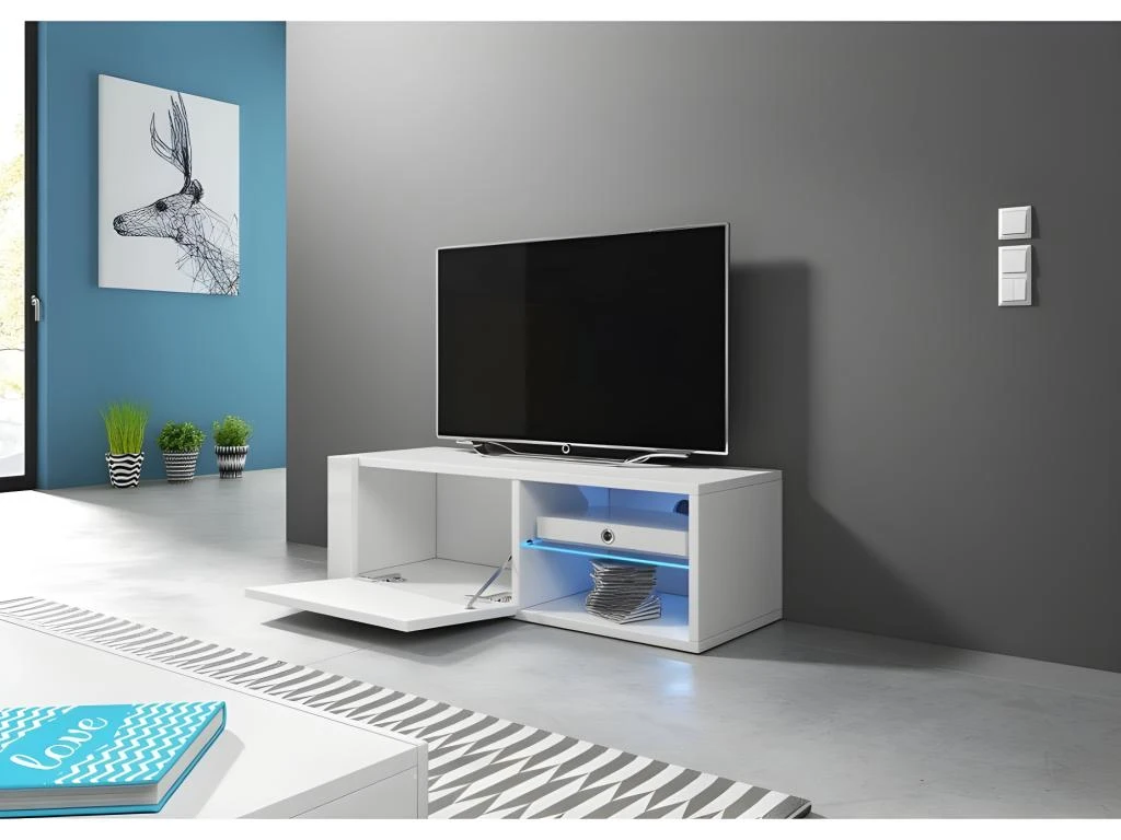 Meuble TV Design BREST-HIT 100 Cm, 1 Porte Et 2 Niches, Coloris Blanc Et Gris + LED 3 Meuble TV Design BREST-HIT 100 Cm, 1 Porte Et 2 Niches, Coloris Blanc Et Gris + LED – Image 3
