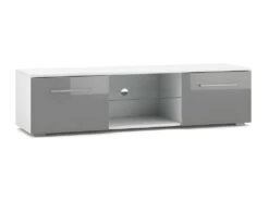 Meuble TV Design LEON 140 Cm. 2 Portes Et Niche Coloris Blanc Et Gris Brillant