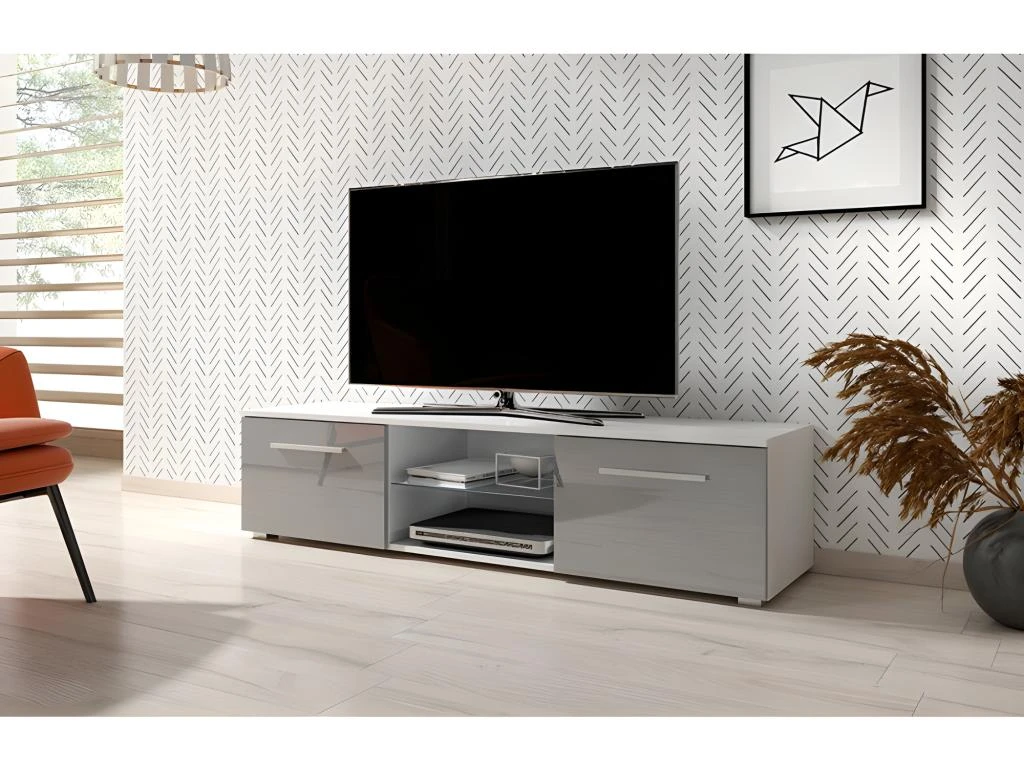 Meuble TV Design LEON 140 Cm. 2 Portes Et Niche Coloris Blanc Et Gris Brillant 2 Meuble TV Design LEON 140 Cm. 2 Portes Et Niche Coloris Blanc Et Gris Brillant – Image 2