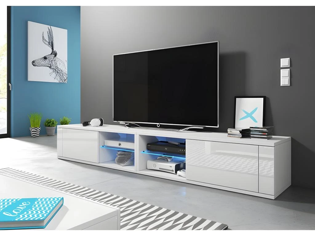Meuble TV Design BREST-HIT XXL 200 Cm, 2 Portes Et 4 Niches. Coloris Blanc + LED 2 Meuble TV Design BREST-HIT XXL 200 Cm, 2 Portes Et 4 Niches. Coloris Blanc + LED – Image 2