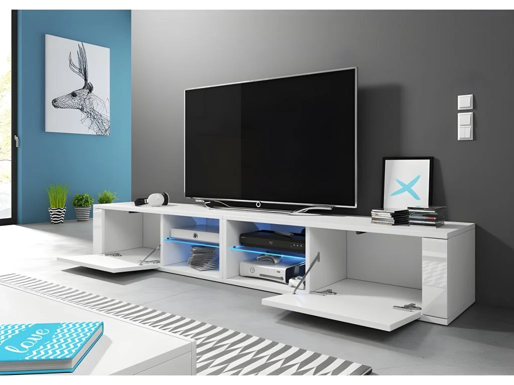 Meuble TV Design BREST-HIT XXL 200 Cm, 2 Portes Et 4 Niches. Coloris Blanc + LED 4 Meuble TV Design BREST-HIT XXL 200 Cm, 2 Portes Et 4 Niches. Coloris Blanc + LED – Image 4