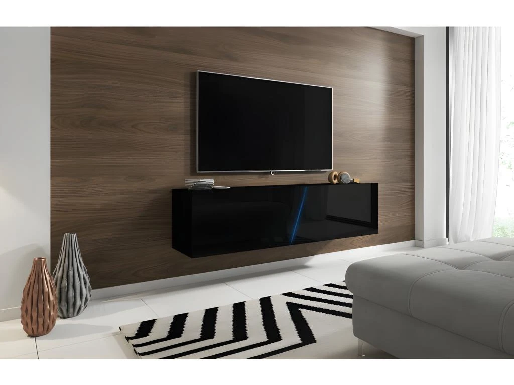 Meuble TV Suspendu Design SPEED, 160 Cm, 1 Porte, Coloris Noir Avec LED Intégrée. 2 Meuble TV Suspendu Design SPEED, 160 Cm, 1 Porte, Coloris Noir Avec LED Intégrée. – Image 2