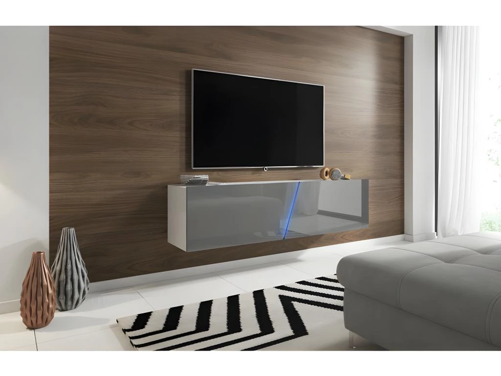 Meuble TV Suspendu Design SPEED, 160 Cm, 1 Porte, Coloris Blanc Et Gris Avec LED Intégrée. 2 Meuble TV Suspendu Design SPEED, 160 Cm, 1 Porte, Coloris Blanc Et Gris Avec LED Intégrée. – Image 2