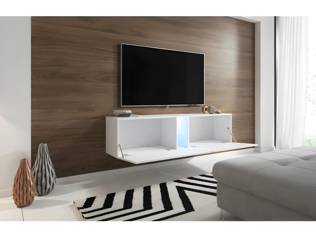 Meuble TV Suspendu Design SPEED, 160 Cm, 1 Porte, Coloris Blanc Et Gris Avec LED Intégrée. 3 Meuble TV Suspendu Design SPEED, 160 Cm, 1 Porte, Coloris Blanc Et Gris Avec LED Intégrée. – Image 3