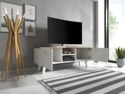Meuble TV Design EST, 140cm, 2 Portes Et 2 Niches, Coloris Blanc Et Chêne. -Deco.fr Soldes Boutique meuble tv 8920777