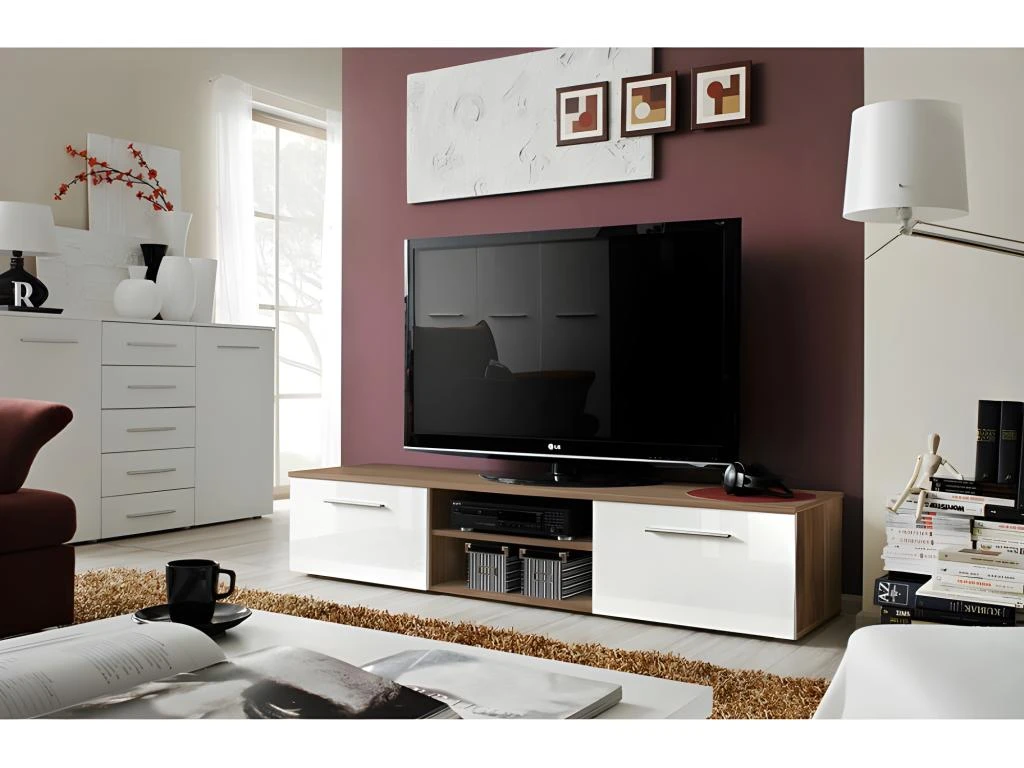 Meuble TV Design Collection BONOO 180 Cm. Coloris Chêne Et Blanc. 1 Meuble TV Design Collection BONOO 180 Cm. Coloris Chêne Et Blanc.