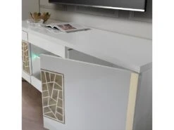 SAFARY - Meuble TV 160cm 3 Portes Laqué Blanc Et Or Décor Sérigraphié -Deco.fr Soldes Boutique meuble tv 8922223