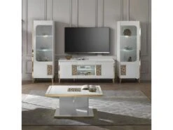 SAFARY - Meuble TV 160cm 3 Portes Laqué Blanc Et Or Décor Sérigraphié -Deco.fr Soldes Boutique meuble tv 8922227