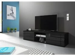 Meuble TV Design PARIS-HIT 140 Cm, 2 Portes Et 2 Niches, Coloris Noir Mat Et Noir Brillant