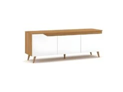 Meuble TV Scandinave TUEW 140cm, 3 Portes, Coloris ChĂȘne Et Blanc Mat.