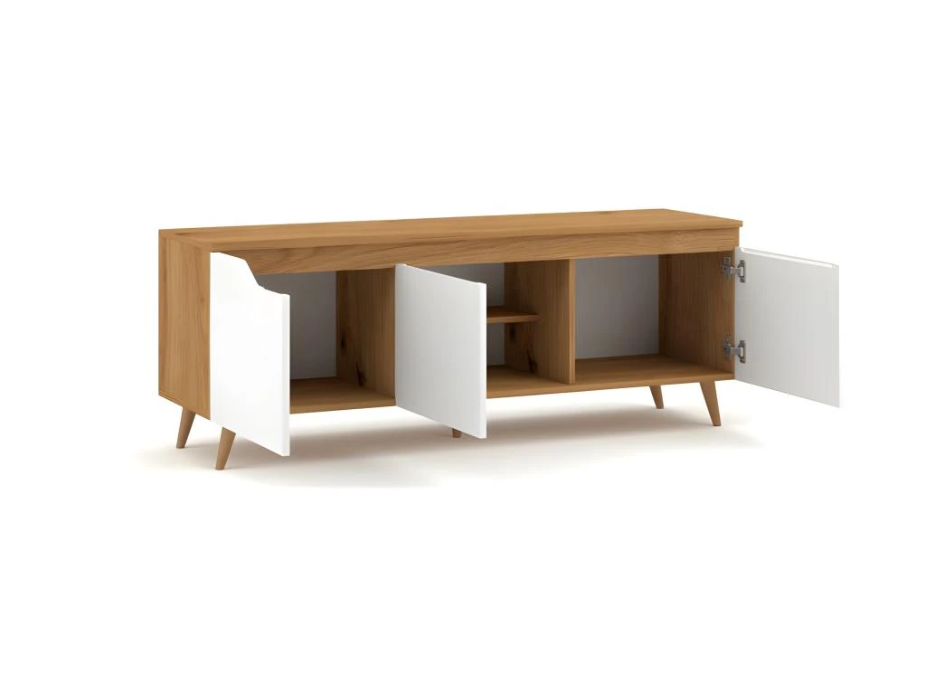 Meuble TV Scandinave TUEW 140cm, 3 Portes, Coloris Chêne Et Blanc Mat. 2 Meuble TV Scandinave TUEW 140cm, 3 Portes, Coloris Chêne Et Blanc Mat. – Image 2