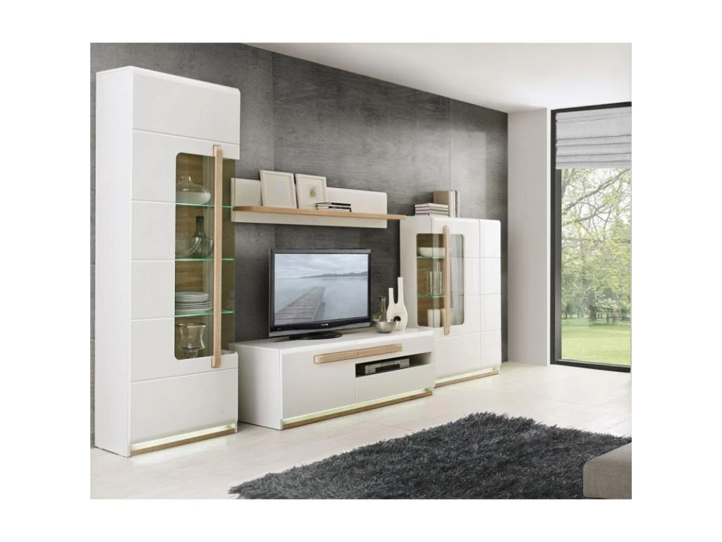 Meuble TV Blanc Laqué Et Décor Chêne Naturel - ALEXIANE 3 Meuble TV Blanc Laqué Et Décor Chêne Naturel - ALEXIANE – Image 3