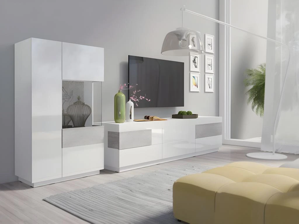 Meuble TV XL 200cm Collection KILES. Coloris Blanc Et Gris. Style Design. 2 Meuble TV XL 200cm Collection KILES. Coloris Blanc Et Gris. Style Design. – Image 2