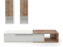 Composition De 3 Meubles Design Pour Salon Couleur Blanc Et Chêne Collection HARLEM