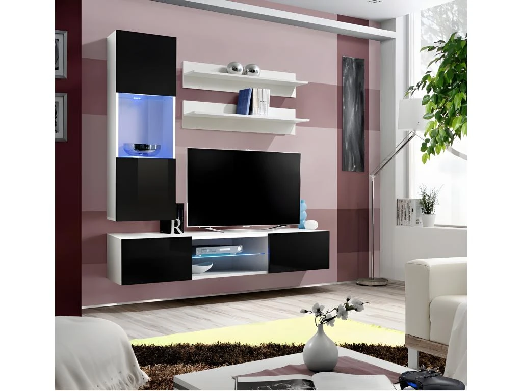 Ensemble Meuble TV FLY S3 Avec LED. Coloris Blanc Et Noir. Meuble Suspendu Design Pour Votre Salon. 1 Ensemble Meuble TV FLY S3 Avec LED. Coloris Blanc Et Noir. Meuble Suspendu Design Pour Votre Salon.