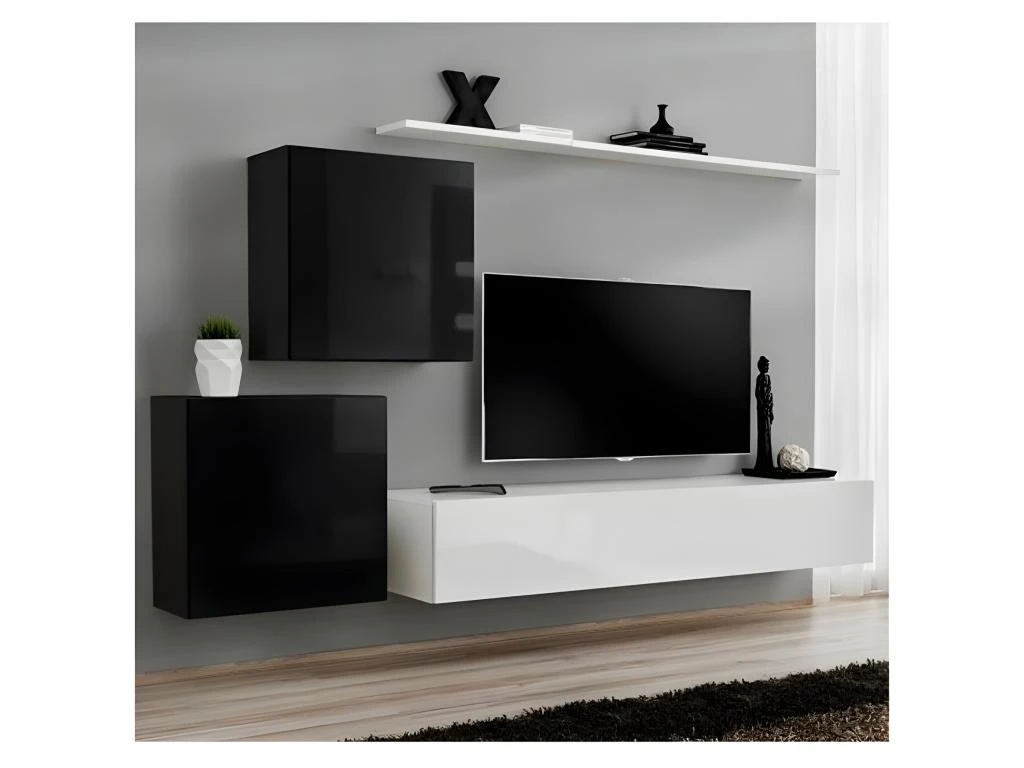 Ensemble Meuble Salon Mural SWITCH V Design, Coloris Blanc Et Noir Brillant. 1 Ensemble Meuble Salon Mural SWITCH V Design, Coloris Blanc Et Noir Brillant.