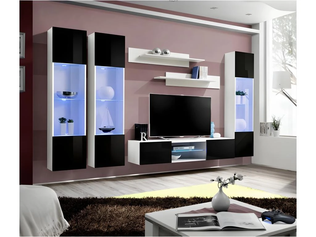 Ensemble Meuble TV FLY P3 Avec LED. Coloris Blanc Et Noir. Meubles Suspendus Design Pour Votre Salon. 1 Ensemble Meuble TV FLY P3 Avec LED. Coloris Blanc Et Noir. Meubles Suspendus Design Pour Votre Salon.
