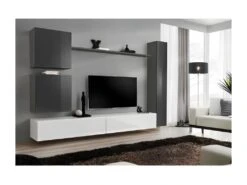 Ensemble De Meuble Pour Salon Mural SWITCH VIII. Meuble TV Mural Design, Coloris Blanc Et Gris Brillant.
