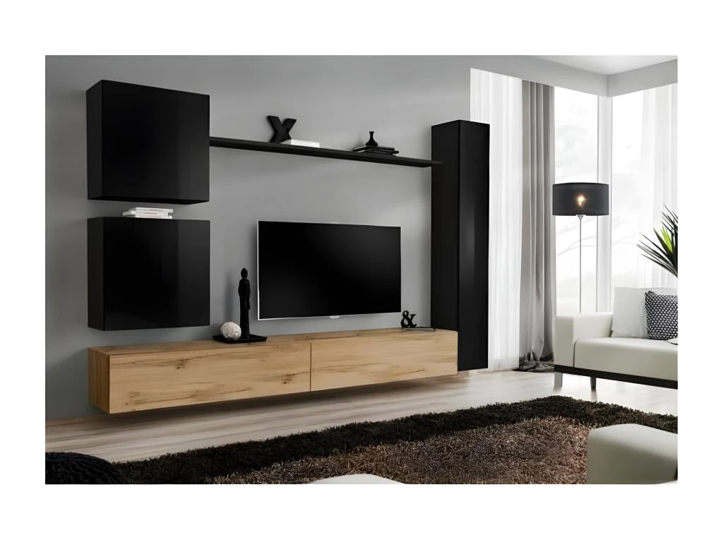 Ensemble Meuble Pour Salon, Mural, SWITCH VIII.Meuble TV Mural Design, Coloris Chêne Wotan Et Noir Brillant. 1 Ensemble Meuble Pour Salon, Mural, SWITCH VIII.Meuble TV Mural Design, Coloris Chêne Wotan Et Noir Brillant.