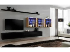 Ensemble Meuble Salon Mural SWITCH XVII Design, Coloris Noir Brillant Et Chêne Wotan.