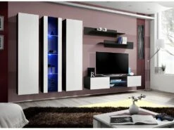 Ensemble Meuble TV FLY P4 Avec LED. Coloris Noir Et Blanc. Meubles Suspendus Design Pour Votre Salon.