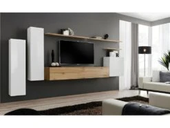 Ensemble De Meubles De Salon Collection SWITCH I Design, Coloris Blanc Brillant Et Chêne Wotan.