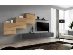 Ensemble Meuble Salon Mural SWITCH X Design, Coloris Gris Brillant Et Chêne Wotan.