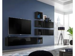 Ensemble Meuble TV Mural CUBE 7 Design Coloris Noir Et Noir Brillant. Meuble De Salon Suspendu