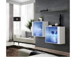 Ensemble Meubles De Salon SWITCH SBIII Design, Coloris Blanc Brillant Et Porte Vitrée Avec Système LED Intégré, étagère Grise.