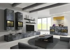 Ensemble Meubles De Salon Design Collection RAMOS. Coloris Gris Effet Ardoise. LED Intégrées.