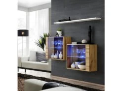 Ensemble Meubles De Salon SWITCH SBIII Design, Coloris Chêne Wotan Et Porte Vitrée Avec Système LED Intégré, étagère Blanche.