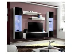 Meuble TV FLY A3 Design, Coloris Blanc Et Noir Brillant + LED. Meuble Suspendu Moderne Et Tendance Pour Votre Salon.