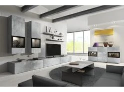 Ensemble De 7 Meubles De Salon Collection RAMOS. Couleur Gris Effet Béton Et Noir.