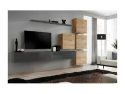 Ensemble Meuble Salon Mural SWITCH IX Design, Coloris Gris Brillant Et Chêne Wotan.