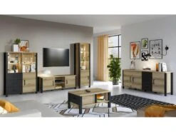 Ensemble De 5 Meubles De Salon Collection DARWIN. Couleur Chêne Clair Et Noir.