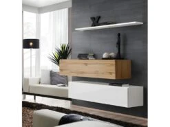 Ensemble Meubles De Salon SWITCH SBII Design, Coloris Blanc Brillant Et Chêne Wotan.