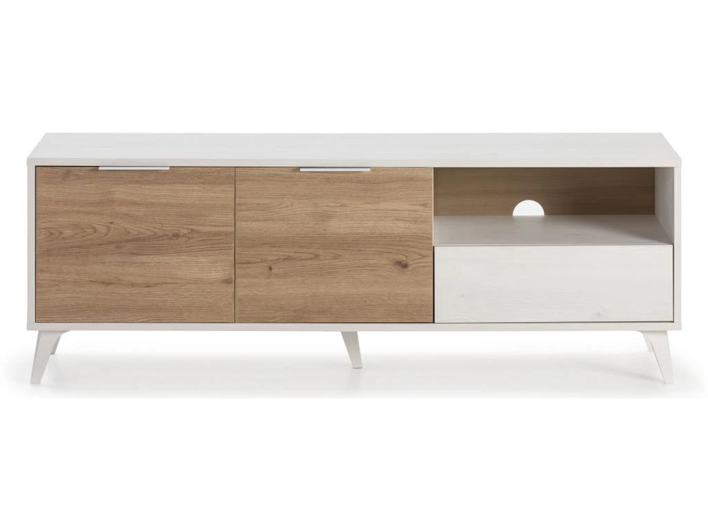 Meuble TV Koln 2 Portes Et 1 Tiroir,Couleur Blanc Brossée Et Bois 136,5 Cm (Largeur) 3 Meuble TV Koln 2 Portes Et 1 Tiroir,Couleur Blanc Brossée Et Bois 136,5 Cm (Largeur) – Image 3