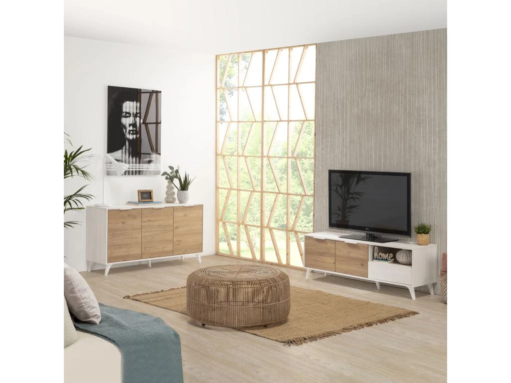Meuble TV Koln 2 Portes Et 1 Tiroir,Couleur Blanc Brossée Et Bois 136,5 Cm (Largeur) 5 Meuble TV Koln 2 Portes Et 1 Tiroir,Couleur Blanc Brossée Et Bois 136,5 Cm (Largeur) – Image 5