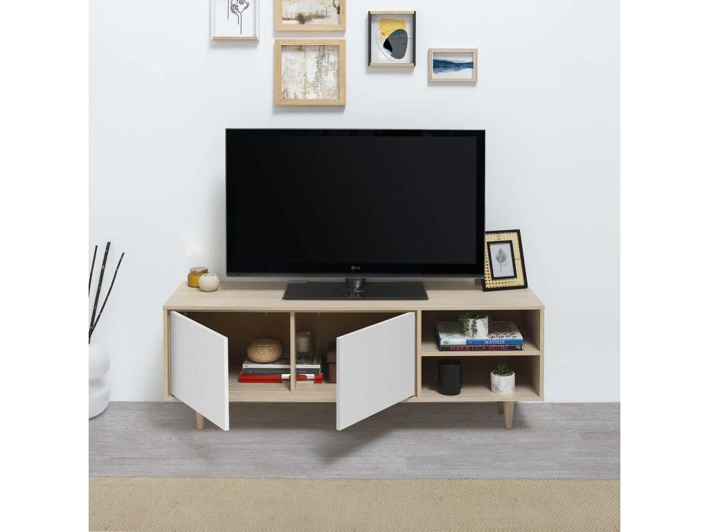 Meuble TV Denia 2 Portes Et 2 Niches Couleur Chêne/Blanc, 140cm (Largeur) 5 Meuble TV Denia 2 Portes Et 2 Niches Couleur Chêne/Blanc, 140cm (Largeur) – Image 5