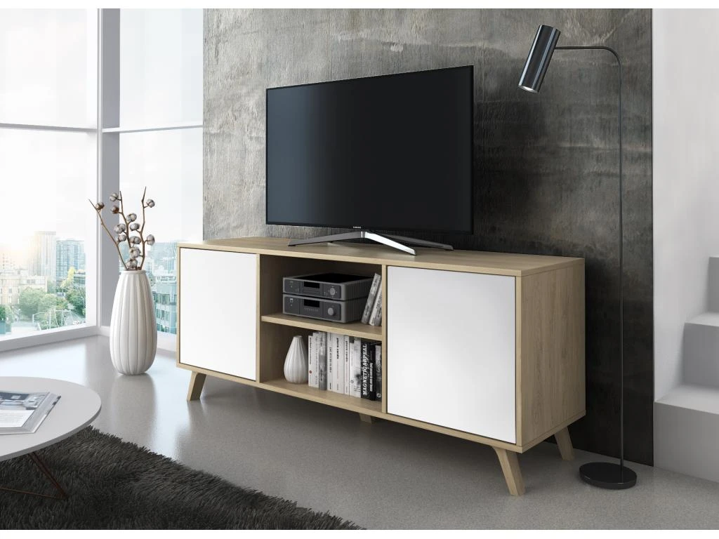 Meuble TV 140 Avec 2 Portes, WIND, Structure Puccini, Portes Blanches,140x40x57cm 1 Meuble TV 140 Avec 2 Portes, WIND, Structure Puccini, Portes Blanches,140x40x57cm