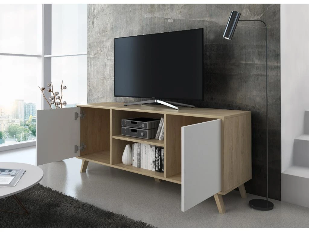 Meuble TV 140 Avec 2 Portes, WIND, Structure Puccini, Portes Blanches,140x40x57cm 2 Meuble TV 140 Avec 2 Portes, WIND, Structure Puccini, Portes Blanches,140x40x57cm – Image 2